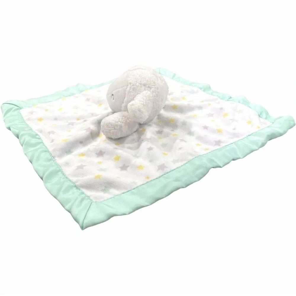 CARTERS Lamb Lovey Security Blanket Rattle Toy Satin Stars Mint Green Yellow 12”
